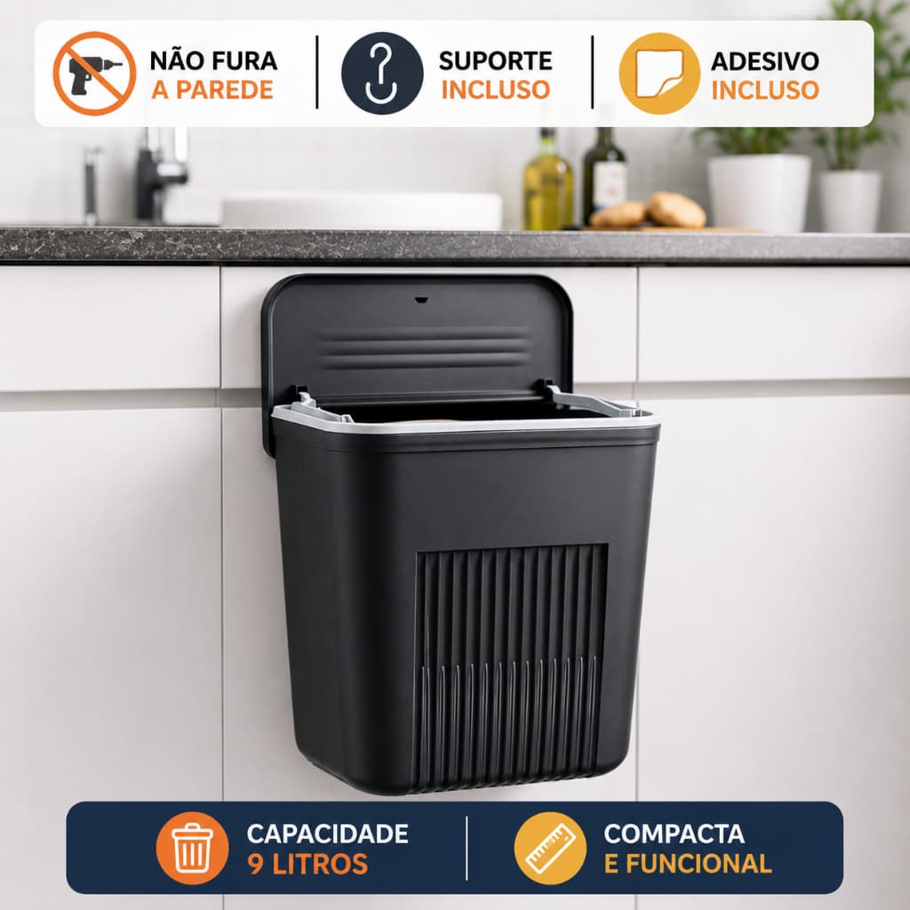 Lixeira Suspensa 9L Cozinha Com Tampa Suporte Adesivo e Alça Para Armário Preta - designer moderno