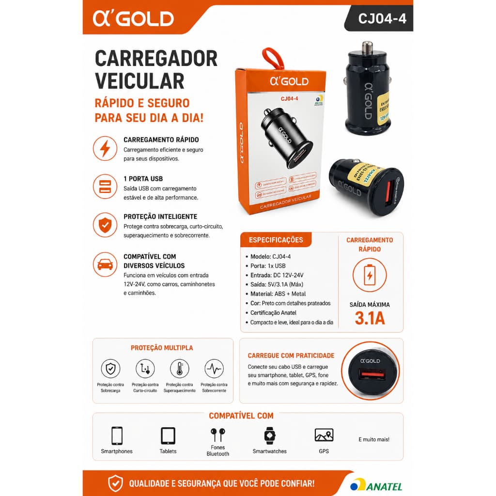 Carregador veicular a`gold cj04-4 carregador rapido