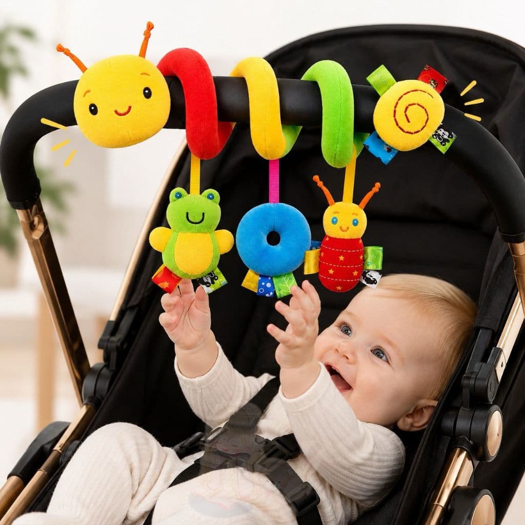 Brinquedo Espiral Lagarta Arco Íris Móbile Carrinho Berço Bebê Recém Nascido Com Chocalho Sensorial