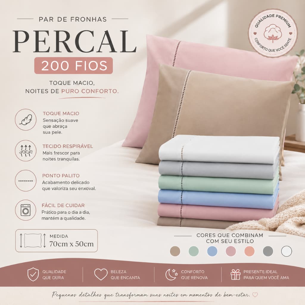 Par de Fronhas 70cm x 50cm - Percal 200 Fios Ponto Palito