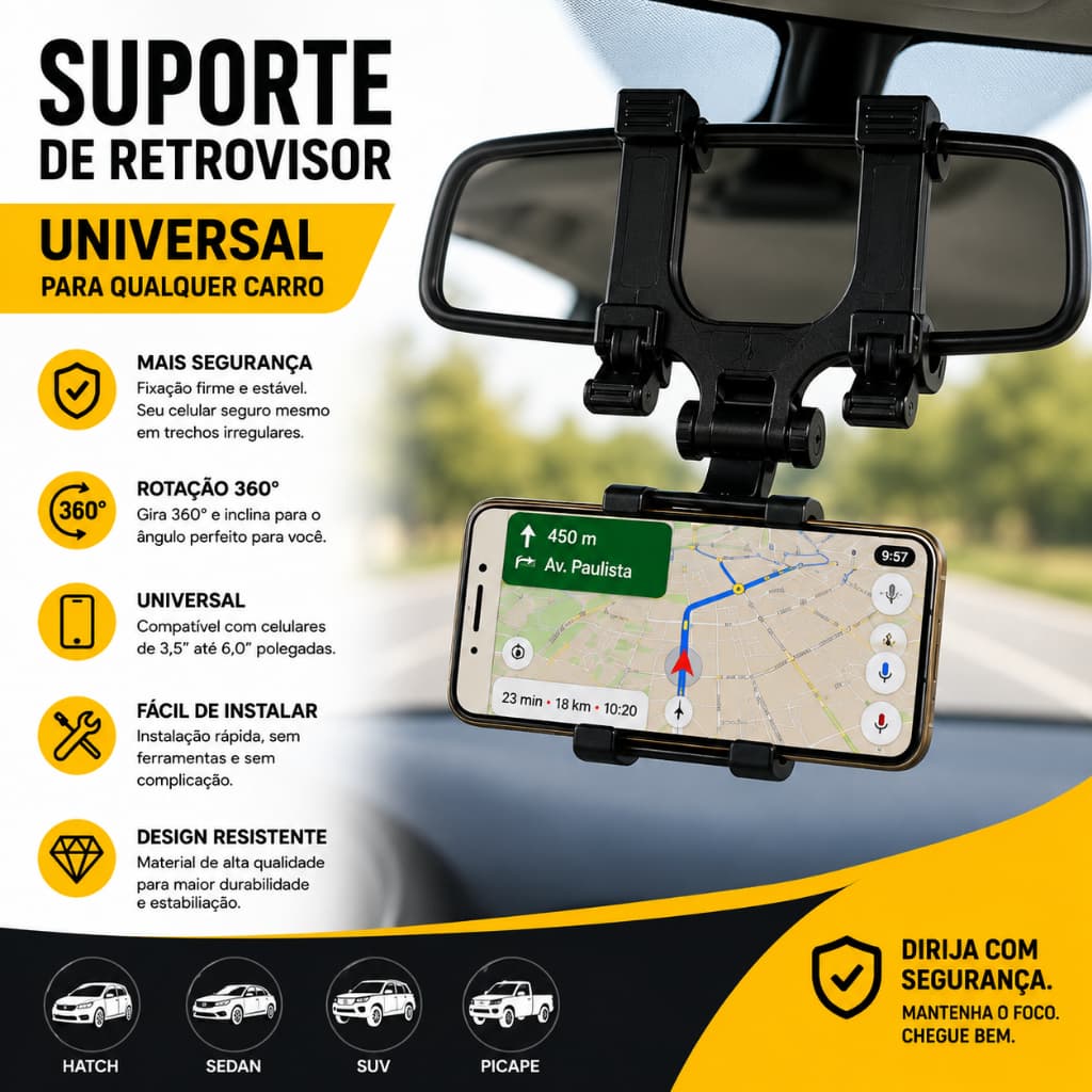 Suporte de Retrovisor veicular  Universal Para qualquer carro Gira 360 articulado