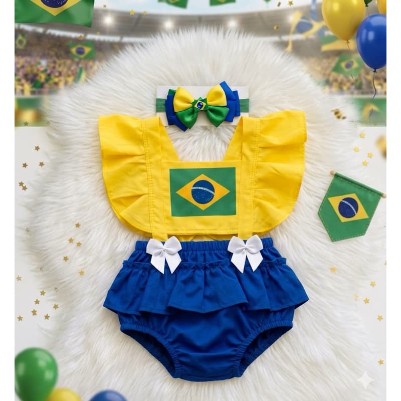 Body Bebê Temático Brasil Copa Conjunto Camiseta + Shorts ou Romper com Laço