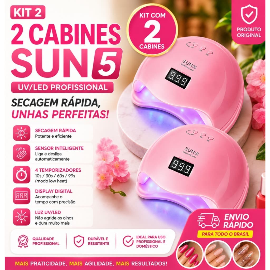 Kit 2 Cabines Sun 5 + Luminária Lanterna Clip Led Uv Secagem Unha Gel