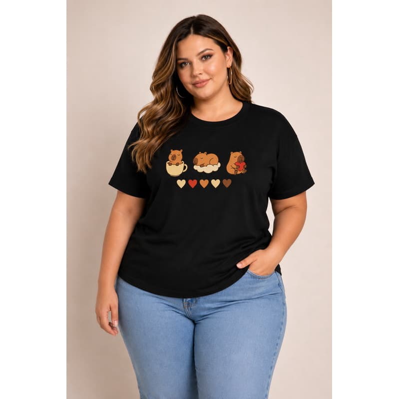 Camiseta Plus Size Feminina Capivara Fofas Estampada Preta do P ao G3