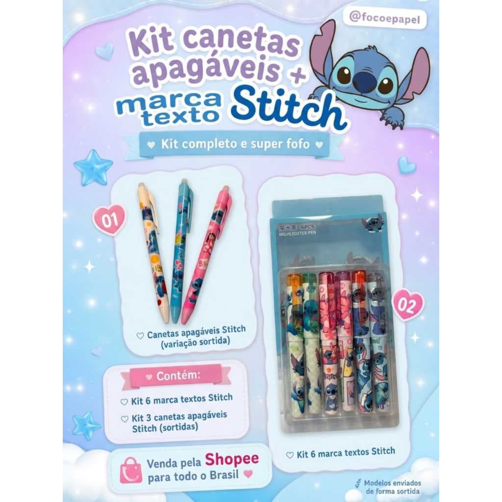 Kit Stitch Papelaria Fofa 6 Marca Texto + 3 Canetas Apagáveis Kawaii