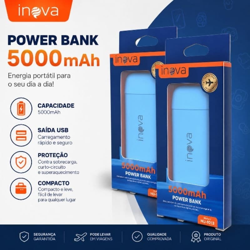 Power Bank 5000mAh Ineva Portátil Carregador Externo USB Compacto Branco para Celular