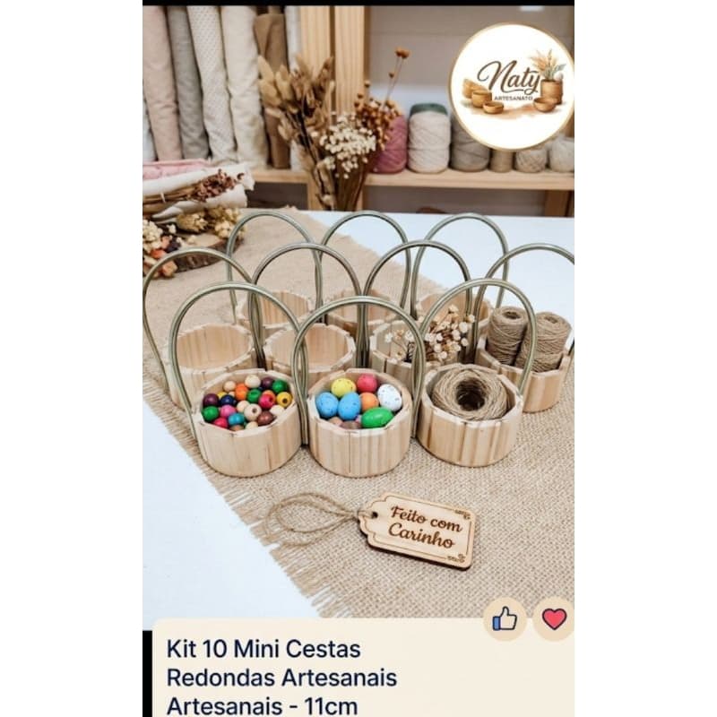 Kit 10 Cesta Mini Redonda 11 Centímetros Pinus Madeira Namorados Mãe Festa com Alça Sintética Decoração