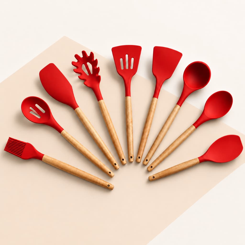 Kit 9 Utensílios Cozinha Silicone com de Cabo Madeira Premium - Vermelho