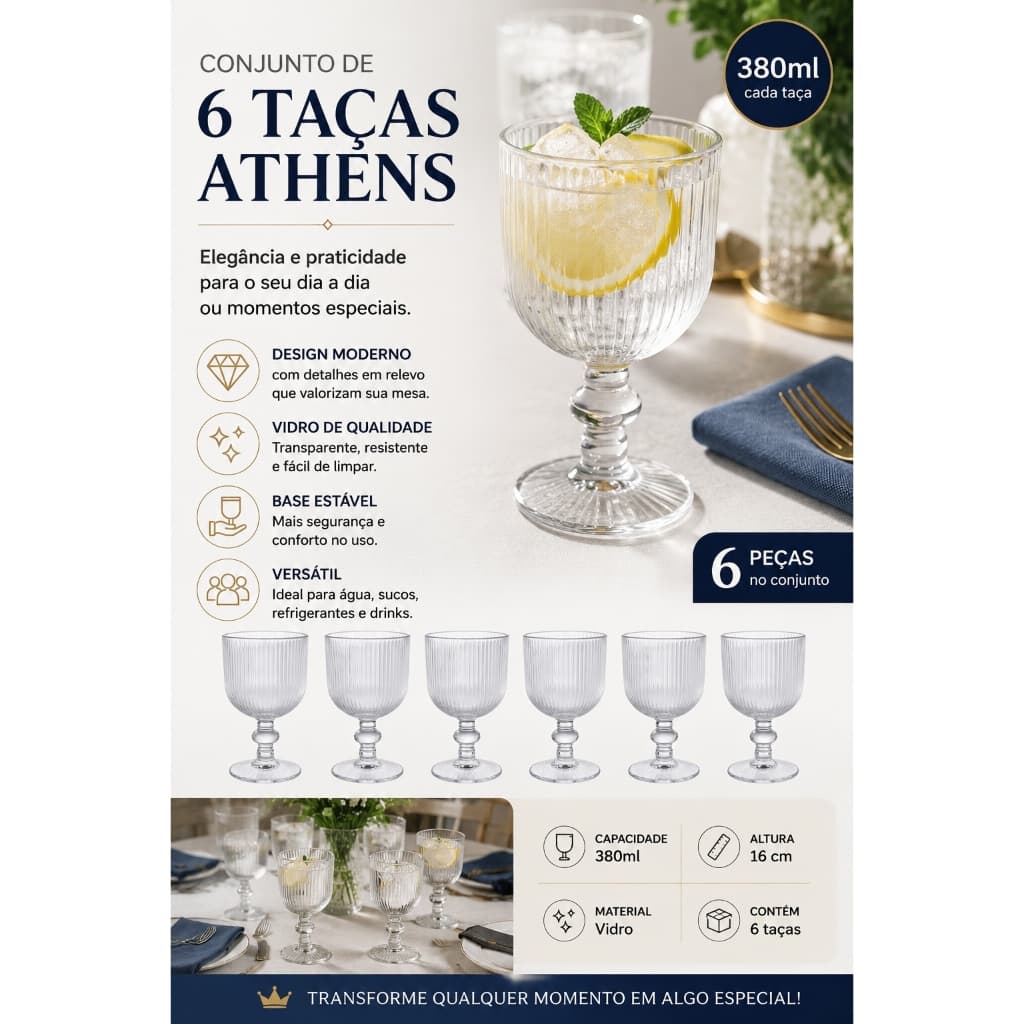 Jogo 6 Taças Athens 380ml Taça de Vidro Transparente Canelada Riscada Jantar Buffet Drinks Elegante