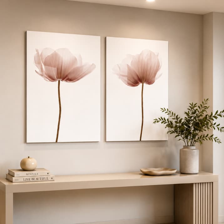 kit 2 Quadros Decorativos Flor Branca Rosa Minimalista Para Sala Quarto Hall Tendência 2026