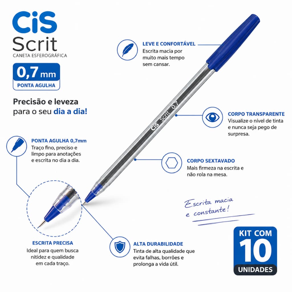 10 Canetas Esferográficas Cis Scrit 0.7mm Preta Escrita Contínua Macia Ponta Fina Agulha Original