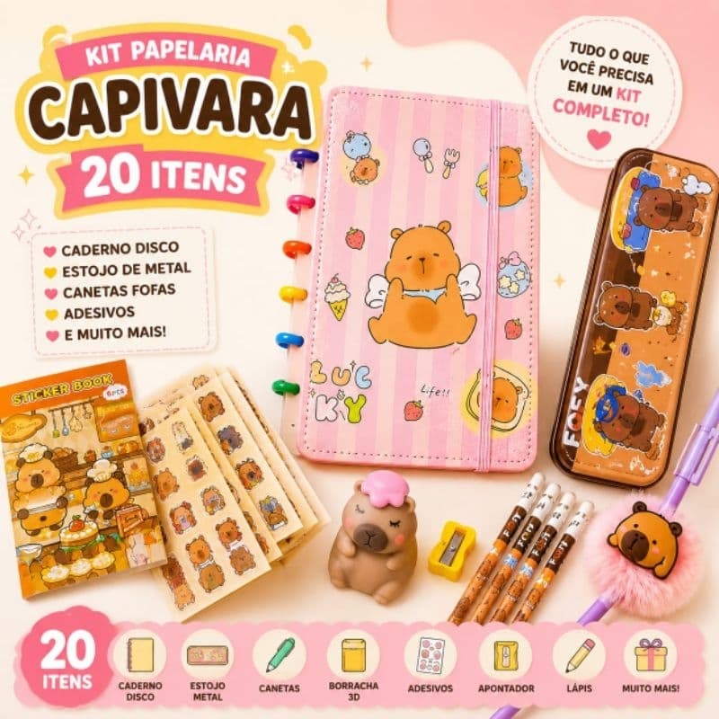 Kit Papelaria Capivara 20 Itens Kawaii Caderno Disco Estojo Metal Canetas Adesivos Presente Infantil Menina
