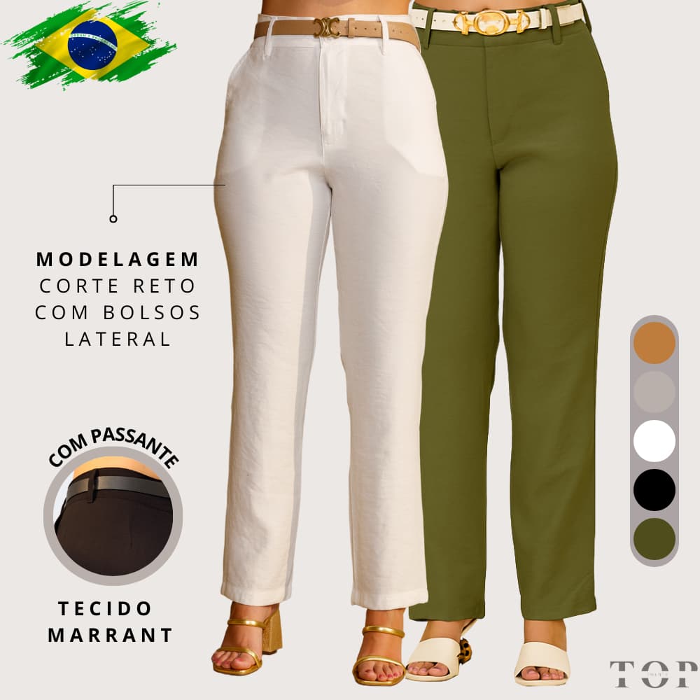 Calça Feminina Social Alfaiataria Cintura Alta Elegente Moda Blogueira Reta com Bolso e Passante