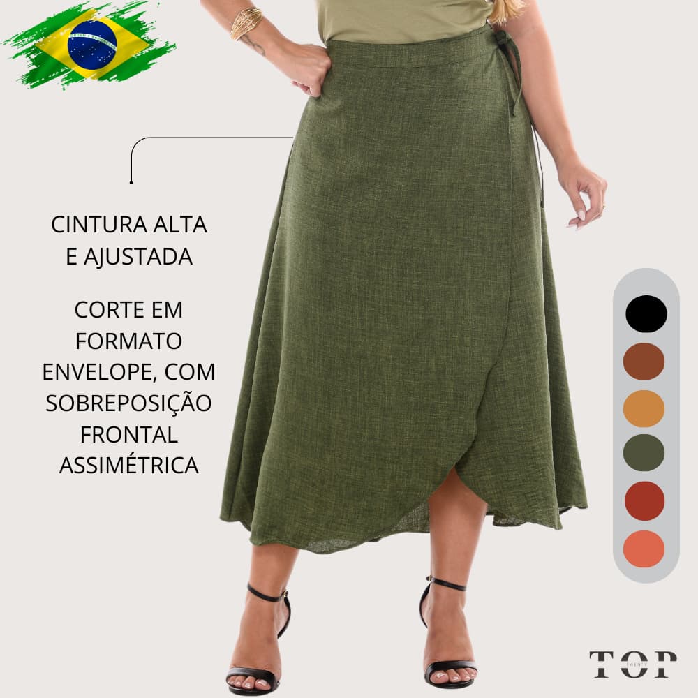 Saia Feminina Envelope Casual Lisa Transpassada Midi Amarração Lateral