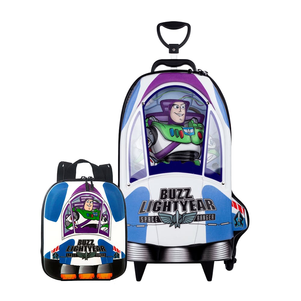 Mochila Escolar Infantil Buzz Lightyear Toy Story de Rodinhas com Lancheira Relevo 3D Três rodinhas Mochila Maxtoy