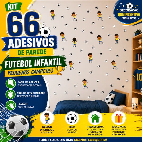 🏆 Kit 66 Adesivos de Parede Futebol Infantil Copa do Mundo Pequenos Campeões