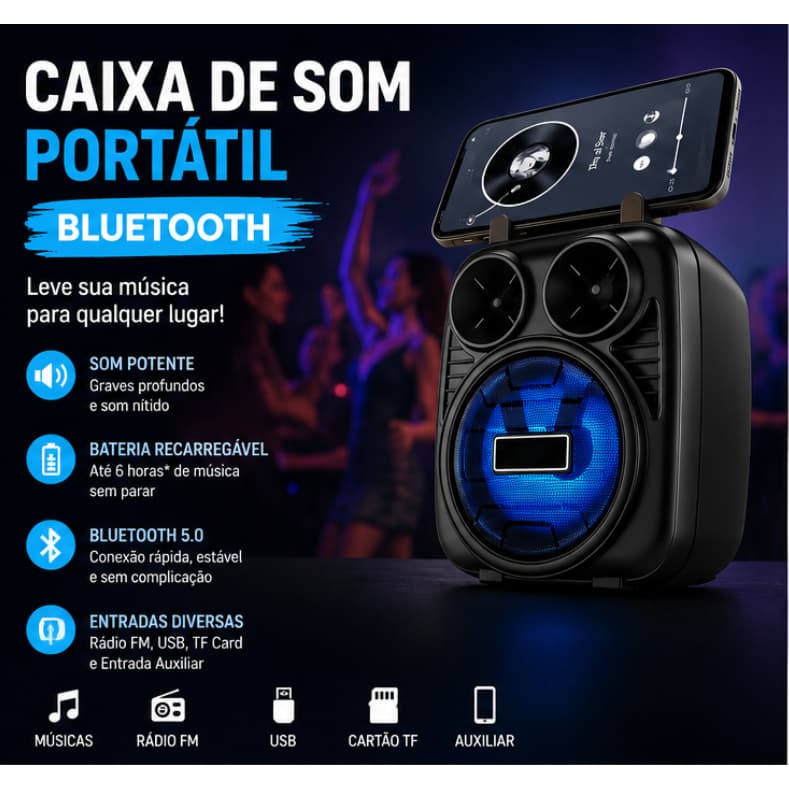Mini Caixa de Som Bluetooth Potente 8W Portátil com Rádio FM e USB
