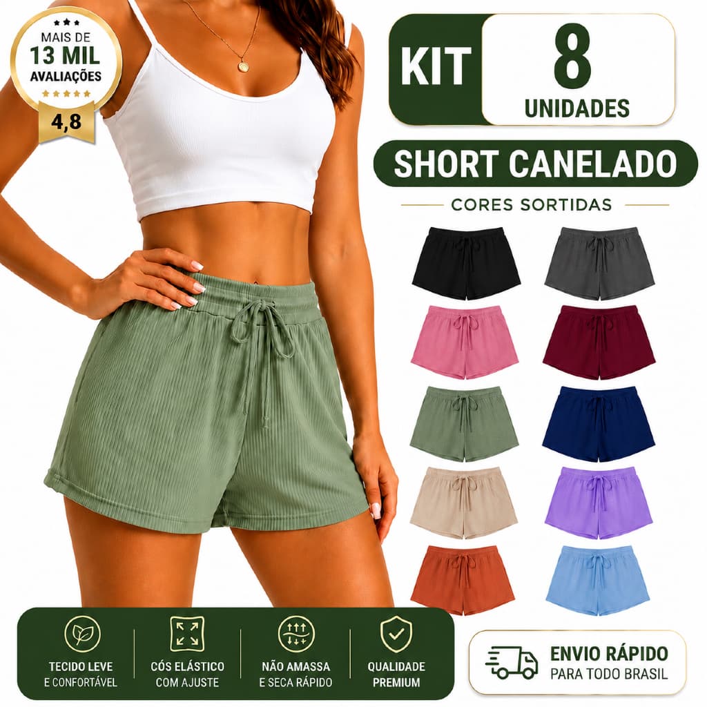 Kit 08 unidades Bermudas Short canelado Feminino Casual