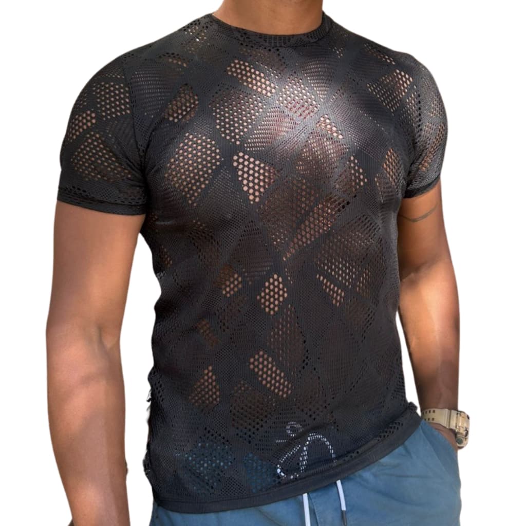 Camiseta Masculina Transparente Tela Arrastão Slim Fit Manga Longa Curta Regata Moda Praia Balada