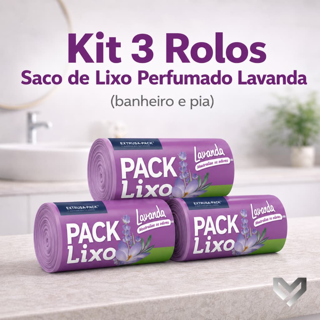 Kit 3 Rolos Saco Lixo 8L Lavanda 120 Unidades 34x38 Resistente Perfumado Banheiro Pia Cozinha Neutraliza Odores