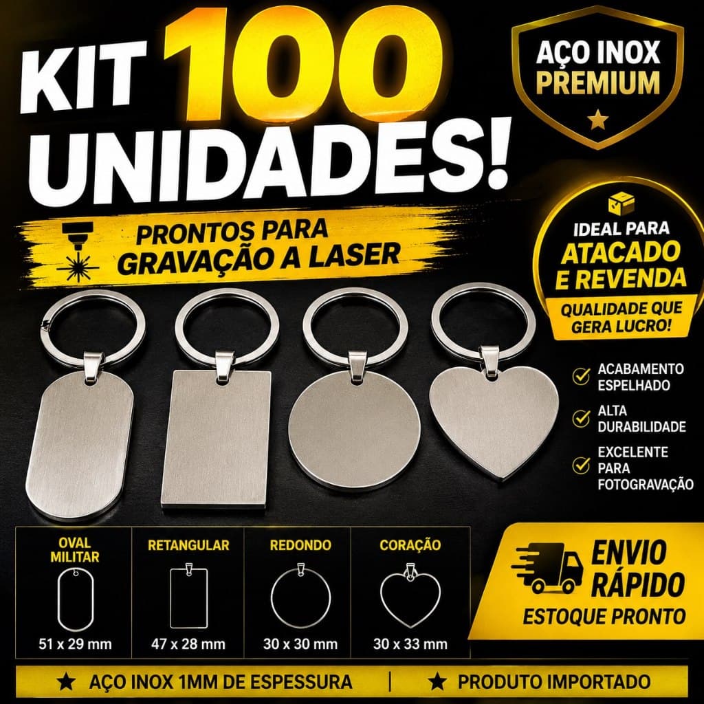 Kit 100 Chaveiros Inox Lisos Para Gravação Laser | Atacado Revenda