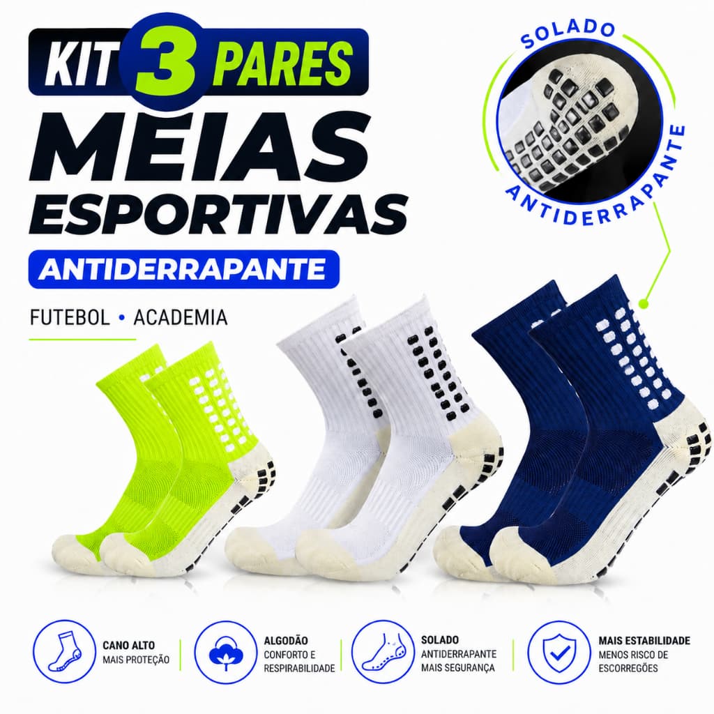 3 Pares de Meias Esportivas Futebol Antiderrapante Algodão Academia Cano Alto Treino Corrida Masculina Feminina
