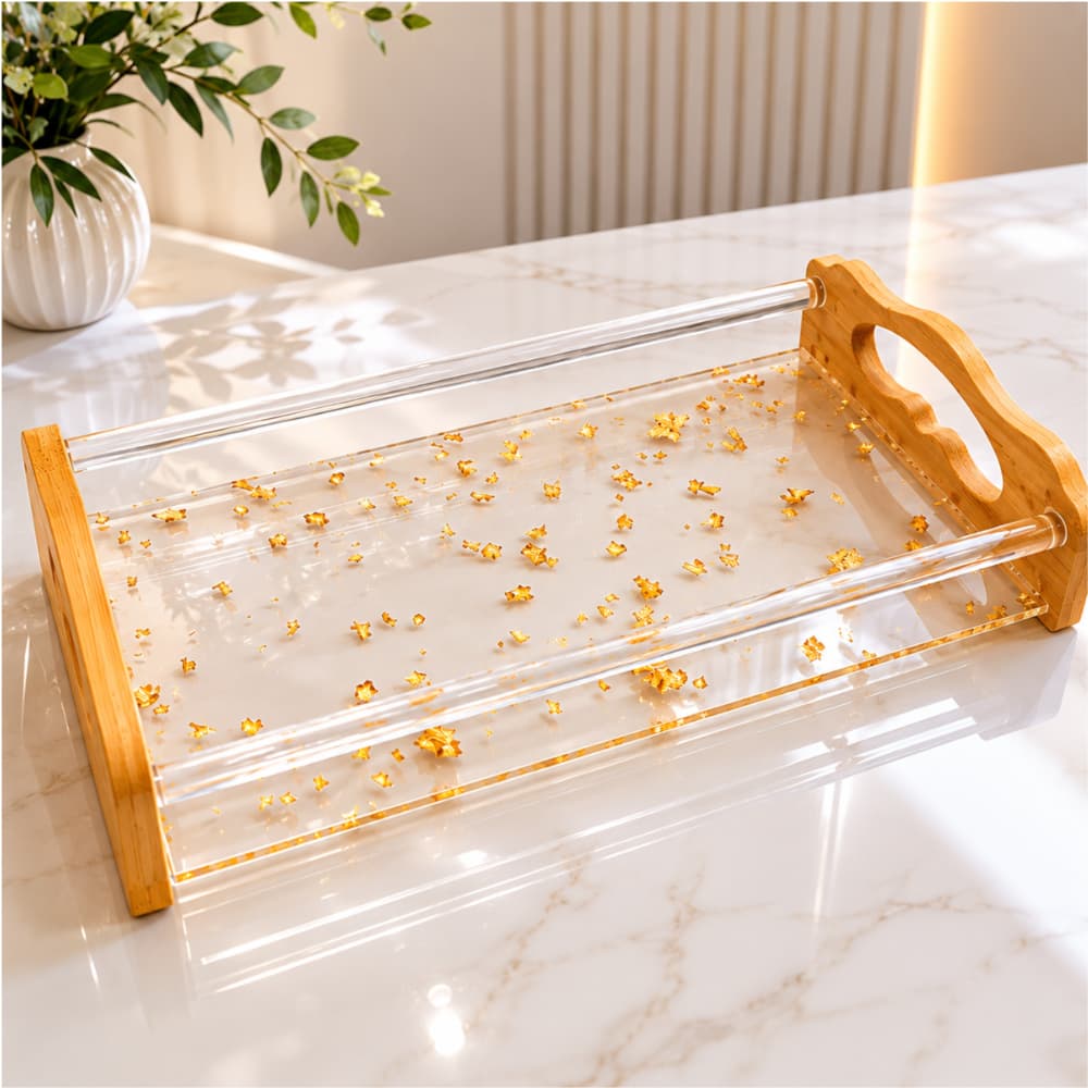 Bandeja decorativa Fios de Ouro retangular com alça multiuso cozinha sala banheiro