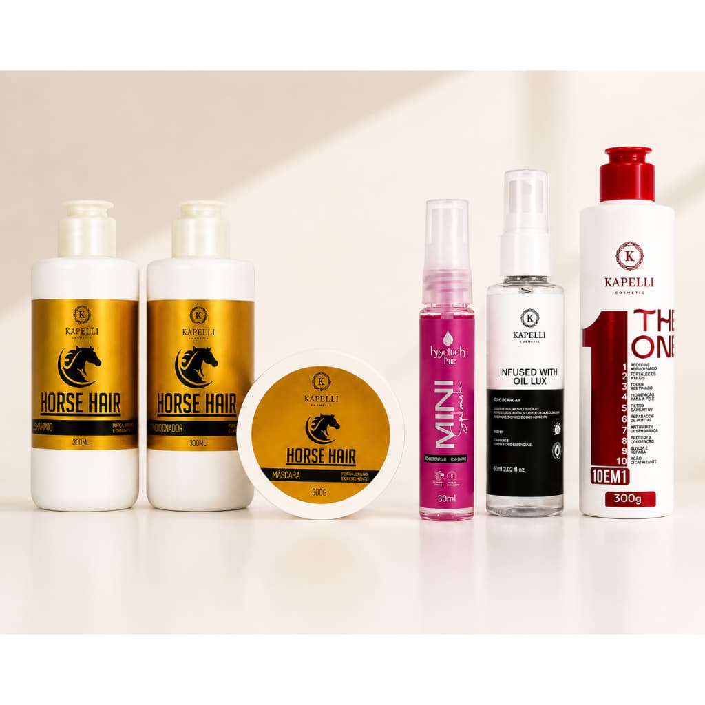 Combo Profissional Fortalecedor de cabelos 6x1 - Shampoo, Condicionador, Máscara, Óleo Reparador, Leave in e Body Splash