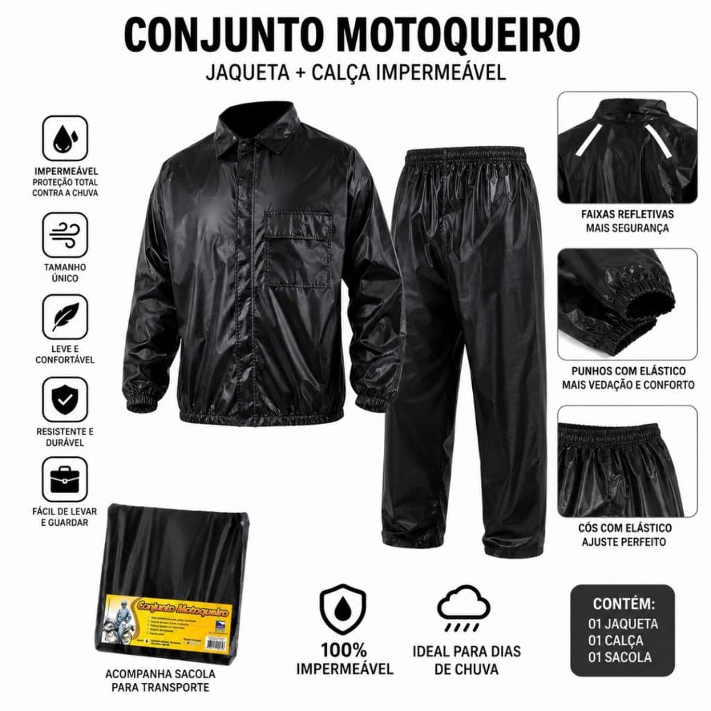 Capa de Chuva Motoqueiro Impermeável Plastnova Jaqueta e Calça com Refletivo para Motoboy Motociclista