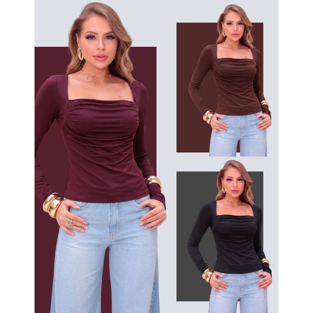 Blusa Manga Longa Decote Quadrado Drapeada Suplex Premium Blogueira Elegante Tecido Grosso Plissado
