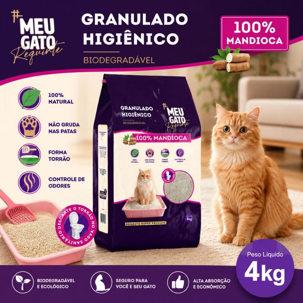 Areia para Gato 100% Mandioca Biodegradável 4kg | Elimina Odor | Torrão Super Firme | Não Gruda