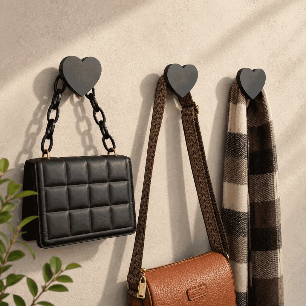 Kit Ganchos Decorativos Coração MDF Preto Cabideiro Parede