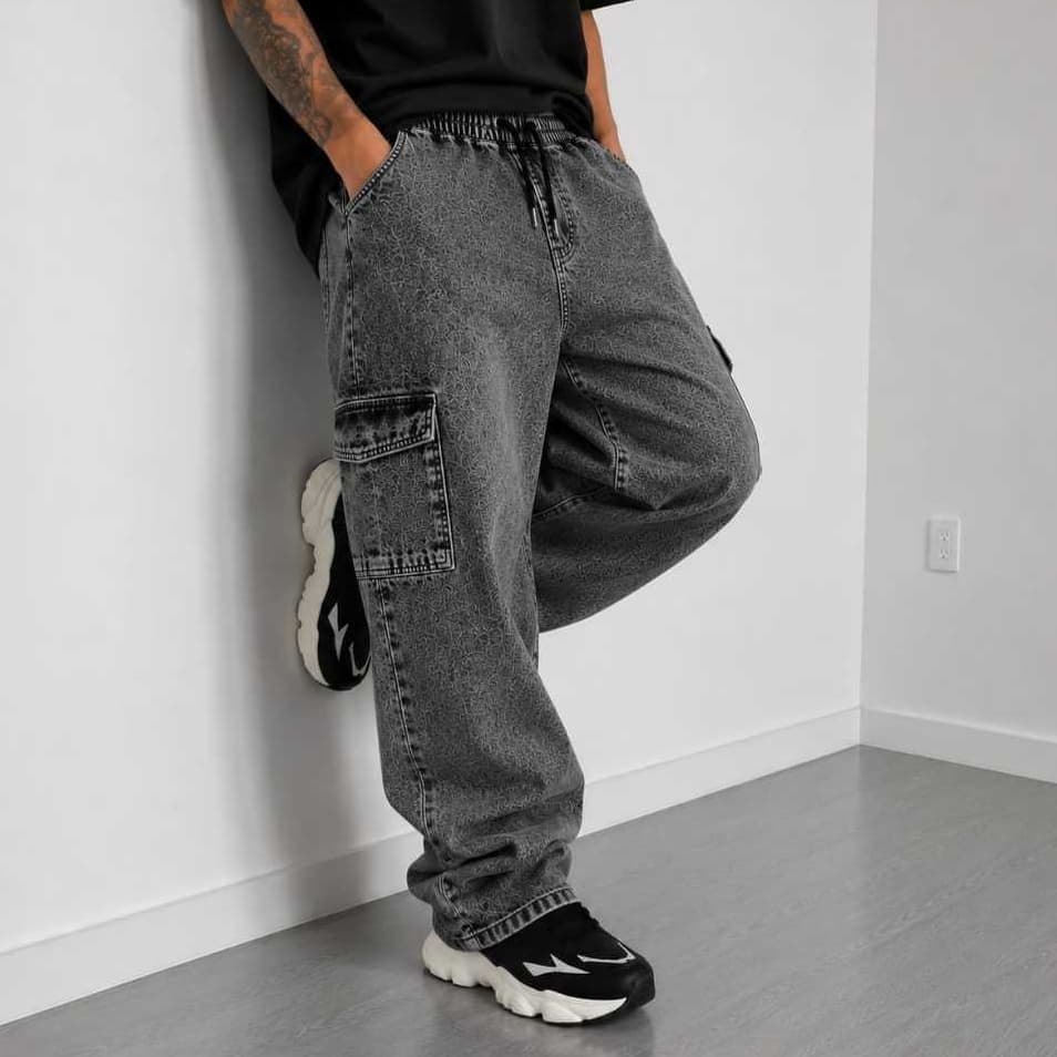 Calça Cargo Estonada Jeans Retrô Preto Streetwear