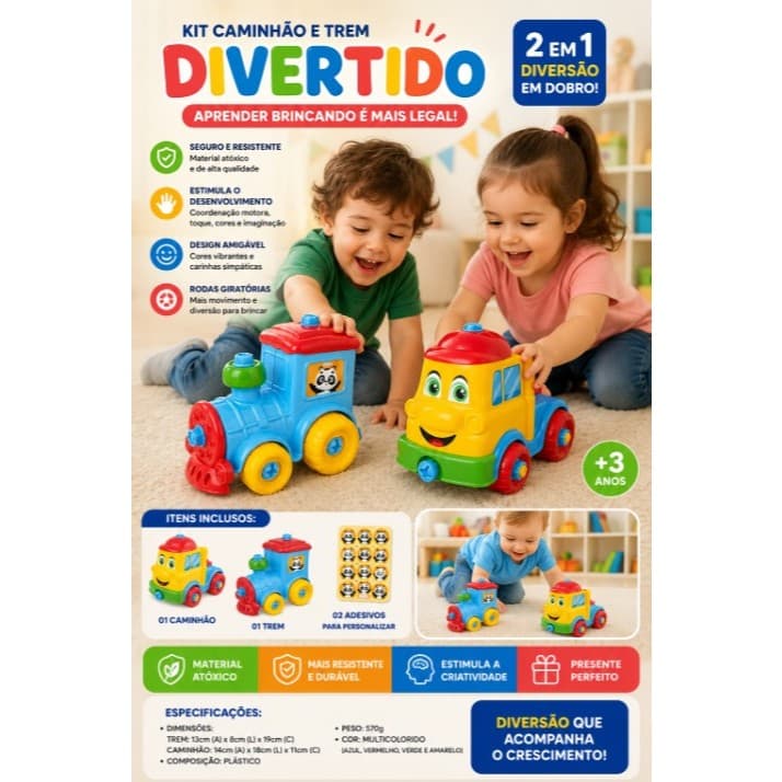 Kit Caminhão e Trem Infantil Multicolorido — Brinquedos Educativos e Seguros  Super divertido alegre