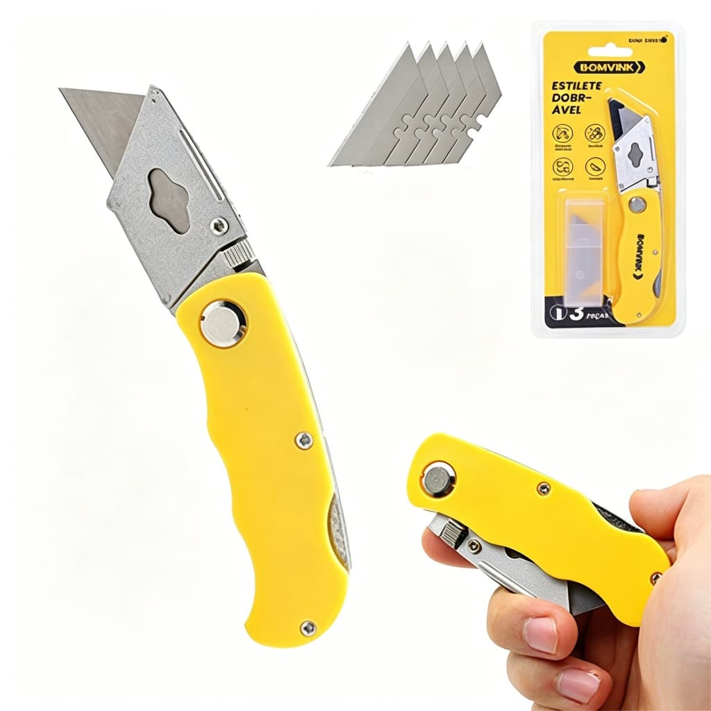 Estilete de Segurança Dobrável Trapezoidal Com 3 lâminas Profissional Reforçado 15cm Reposição