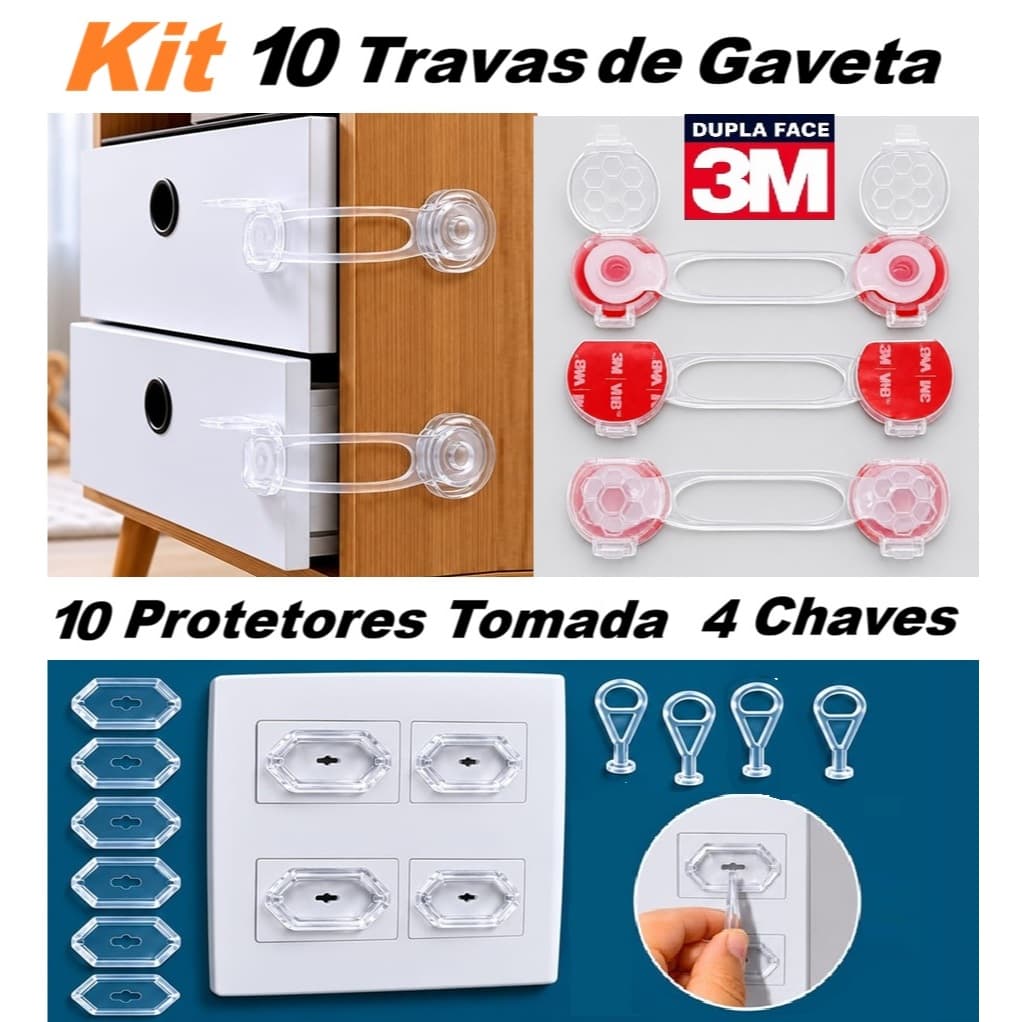 Kit 10 Travas de Gavetas Bebê + 10 Protetores Tomadas e 4 Chaves Transparentes