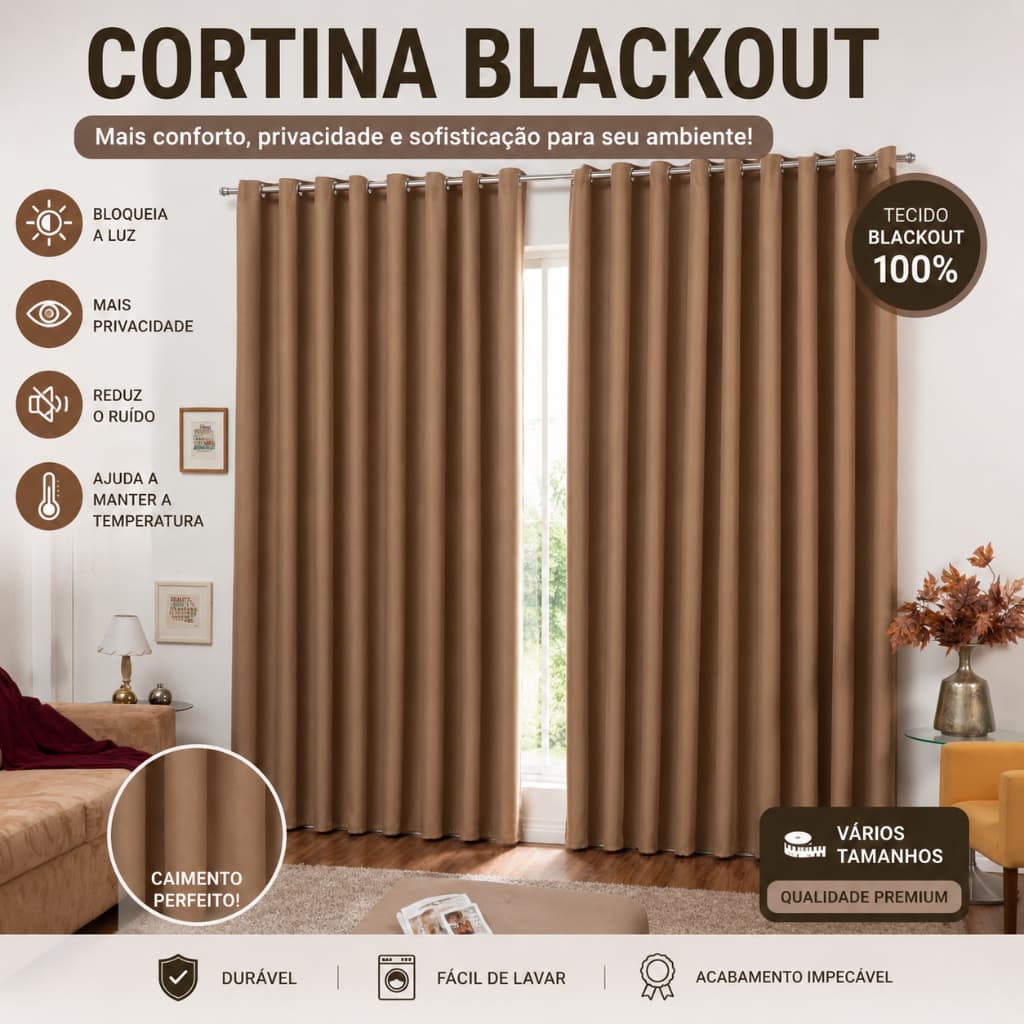 Cortina Blackout 3X2,80 Tecido Grosso Janela Sala Quarto 100% Corta luz Marrom #enviorapido #quartosala #otimopreço