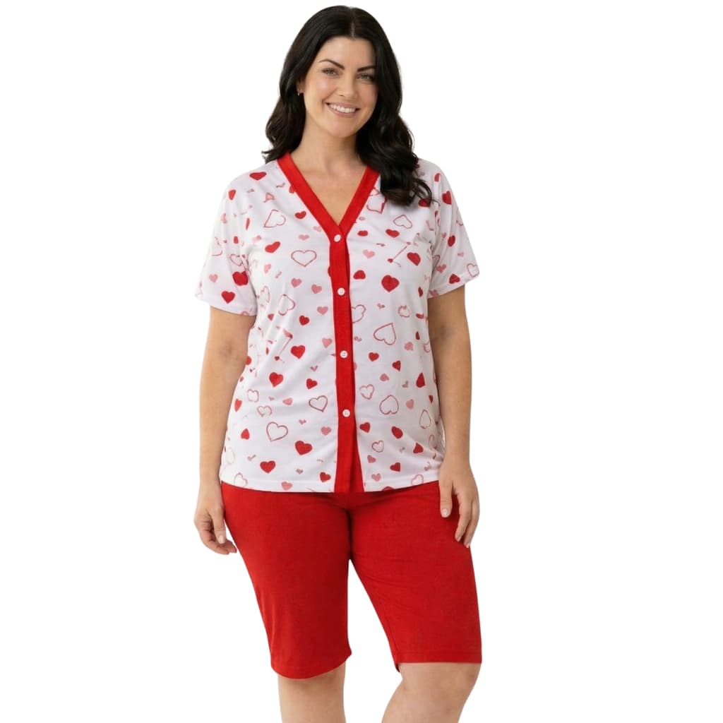 Pijama Feminino Pescador Aberto na Frente Manga Curta Bermuda Confortável