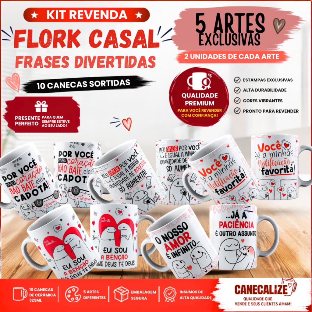 Kit 10 Canecas Flork Casal com Frase Divertida para Revenda Atacado | 5 Artes Divertidas Exclusivas