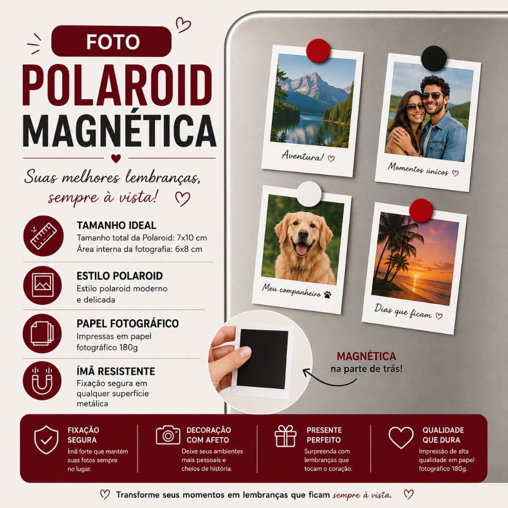 Mini Fotografia Magnética Personalizada 7x10cm | Geladeira, Presente & Decoração