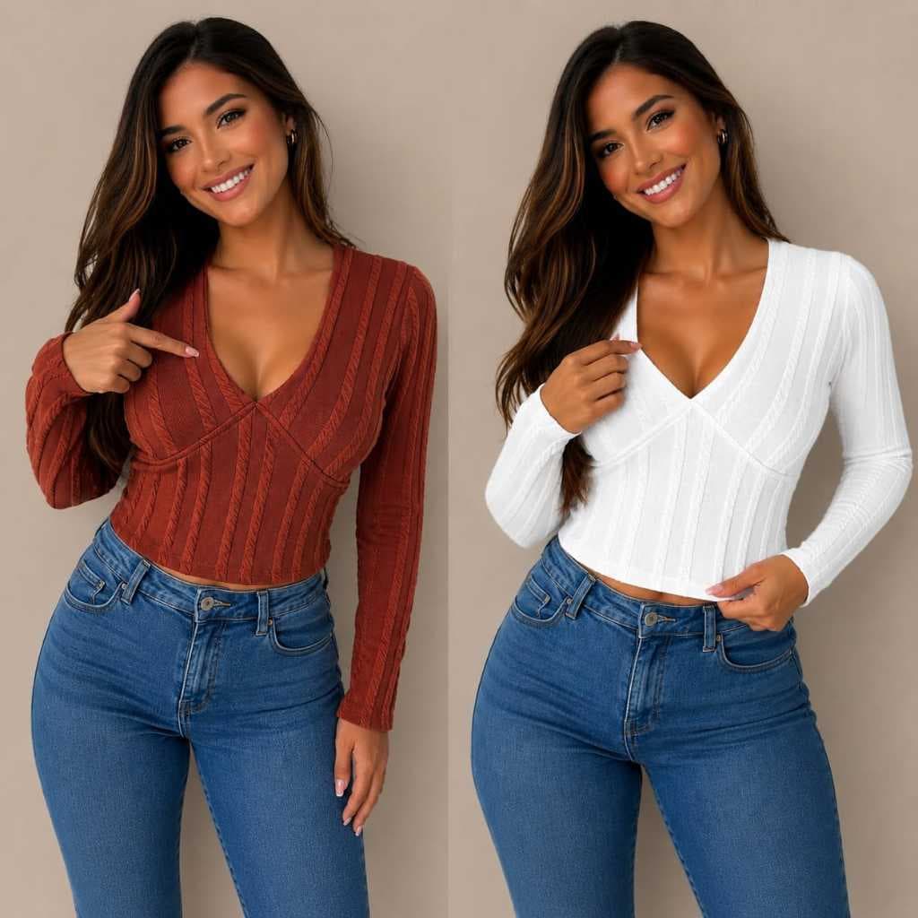Cropped Blusinha Basico Femenino Manga Cumprida Dicote V Forro Duplo Elegante Excelente Elasticidade