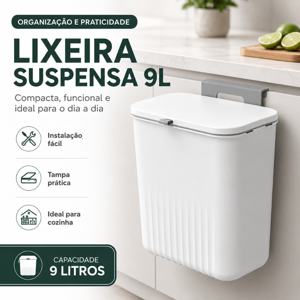 Lixeira Suspensa 9L Cozinha Banheiro Tampa Protetora Sem Furos Suporte Parede Armário