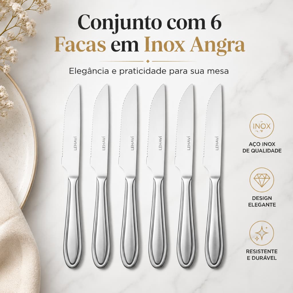 Conjunto 6 Facas Inox Angra Lehavi Mesa Jantar Serrilhada Talher Premium