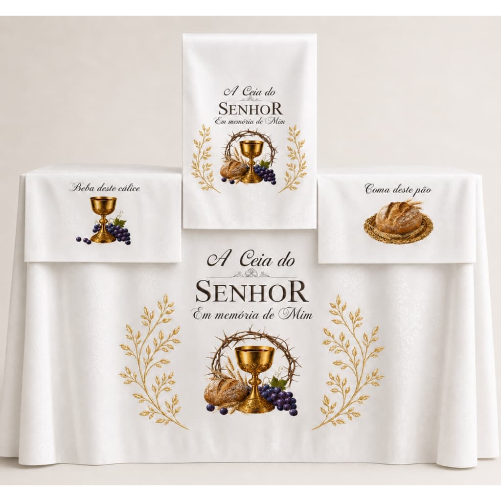 Kit Toalha para Santa Ceia Completo em Oxford BRANCO Luxo – Mesa, Caminho e Bandejas TAMANHO 2MTX1,50MT
