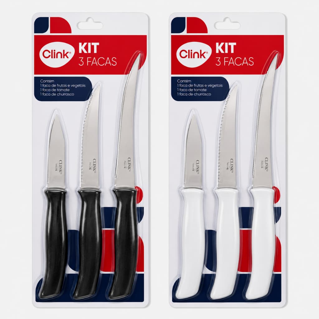 Kit 3 facas Chef Aço Inox Clink Branco Preto