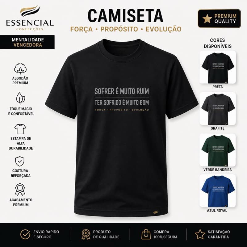 Camiseta Masculina Premium Frase Motivacional Mentalidade Vencedora Algodão Confortável Unissex