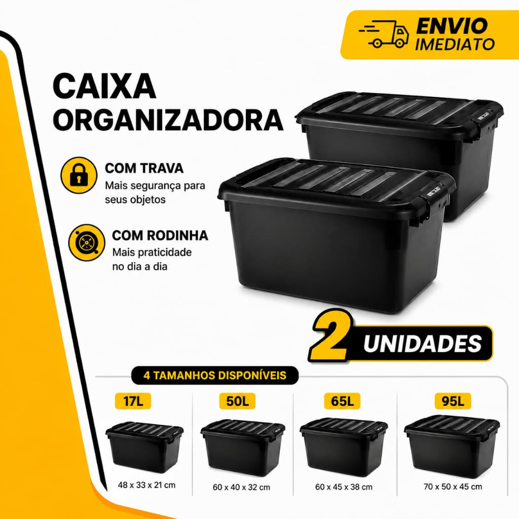 Kit 02 Unidades Caixa Organizadora 65 e 95 Litros Preta com Trava Reforçada