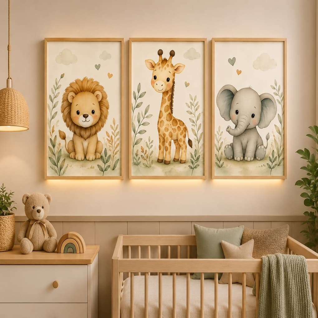 Quadro Decorativo Infantil Safari Delicado 3 Peças Leão Girafa Elefante Quarto Bebê Menino Menina