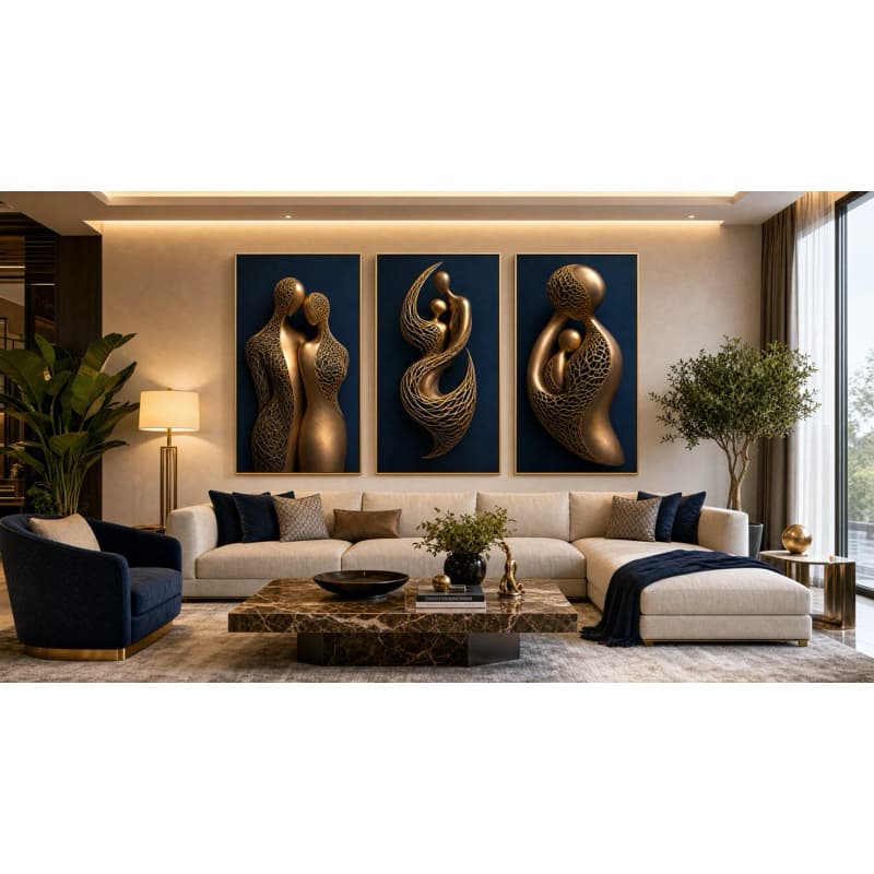 Quadros Decorativos para Sala 3 peças Corpo Metálico Casal Metal Dourado Casal Quarto Escritório