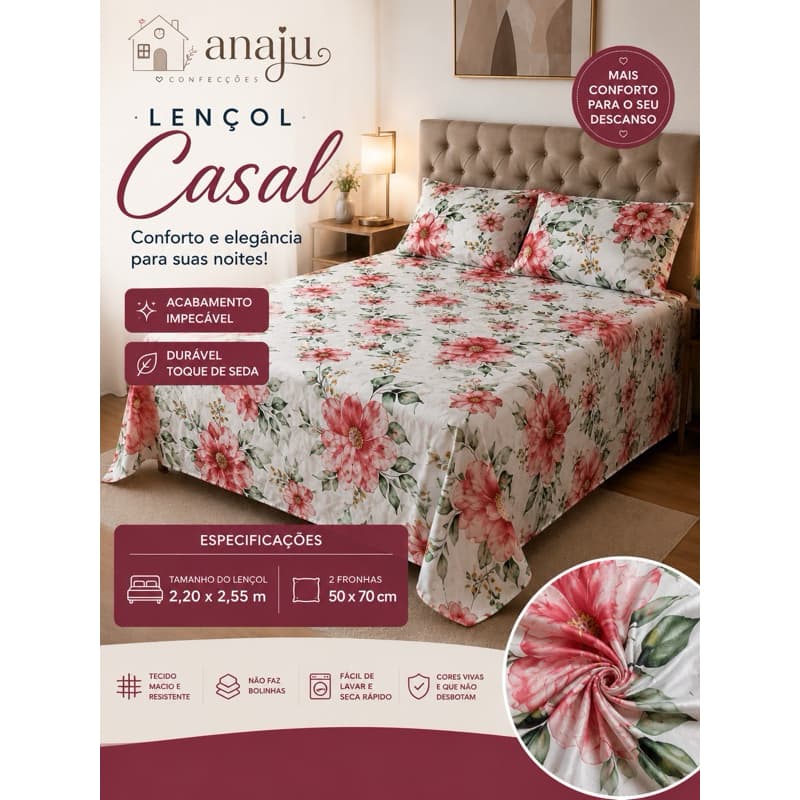 Jogo de Cama Casal kit 3 Peças Percal Toque de Algodão/ Cama box, queen Lençol 2,20x2,55 + 2 Fronhas 50x70 Luxo